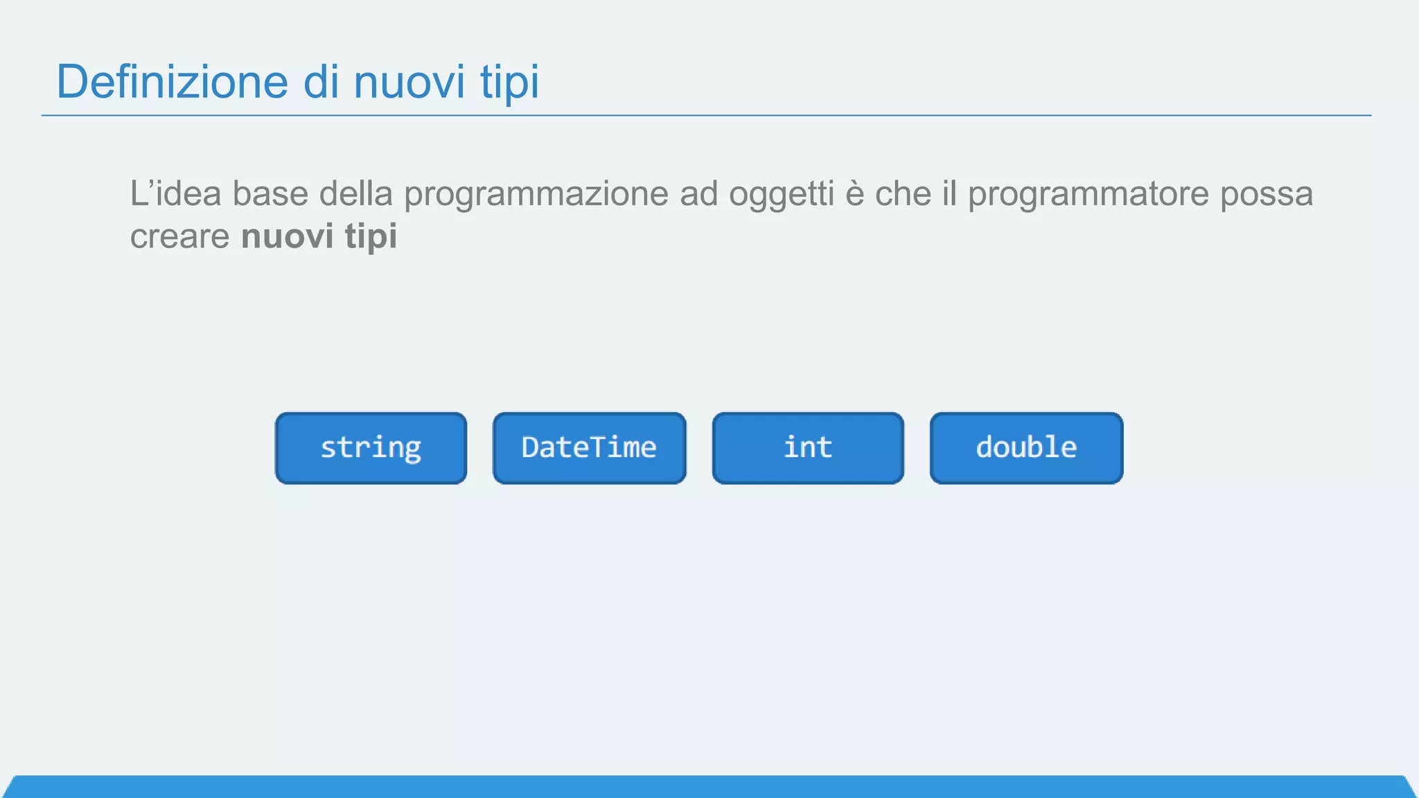 Definizione di nuovi tipi
L’idea base della programmazione ad oggetti è che il programmatore possa
creare nuovi tipi
 