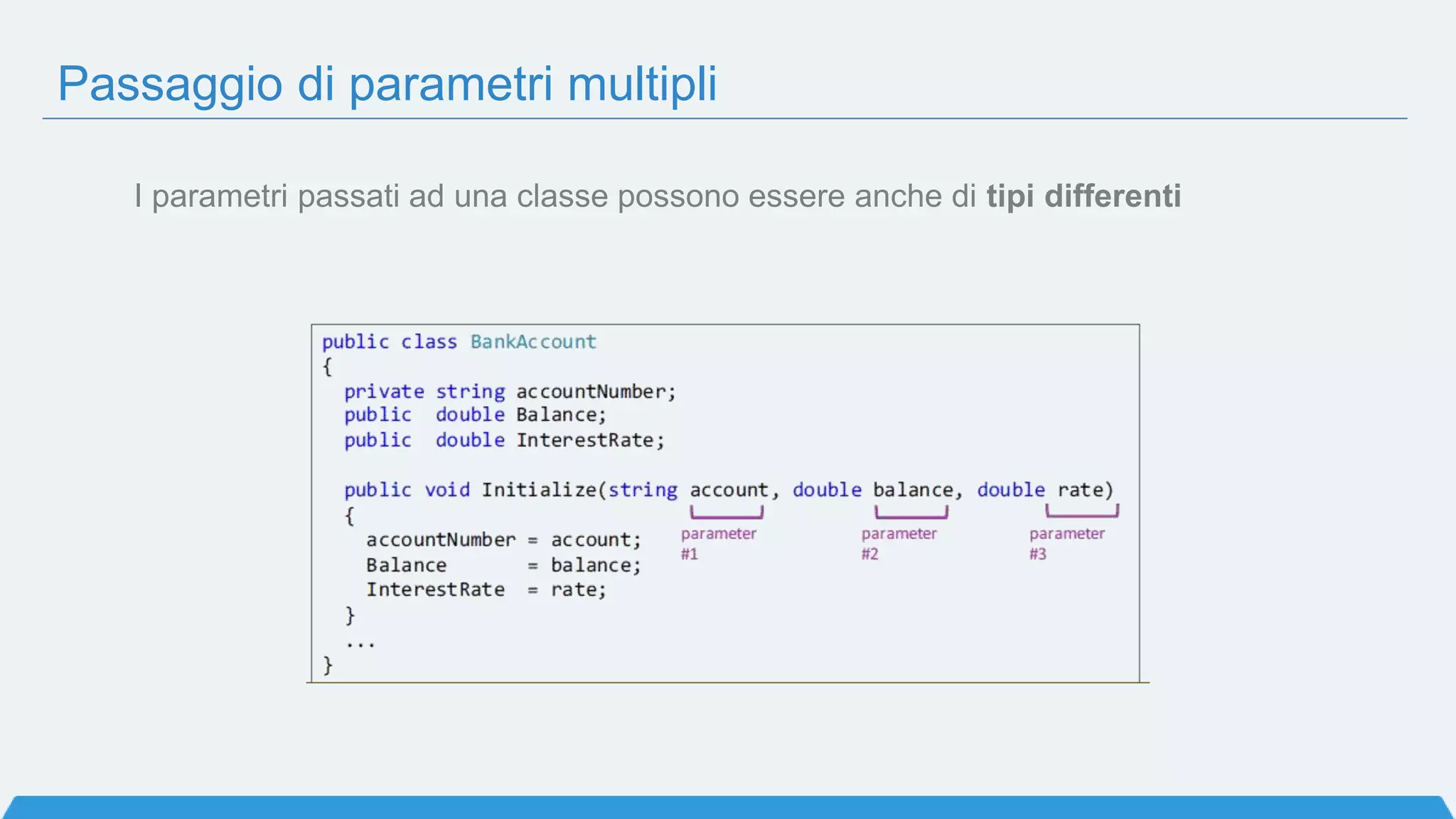 Passaggio di parametri multipli
I parametri passati ad una classe possono essere anche di tipi differenti
 