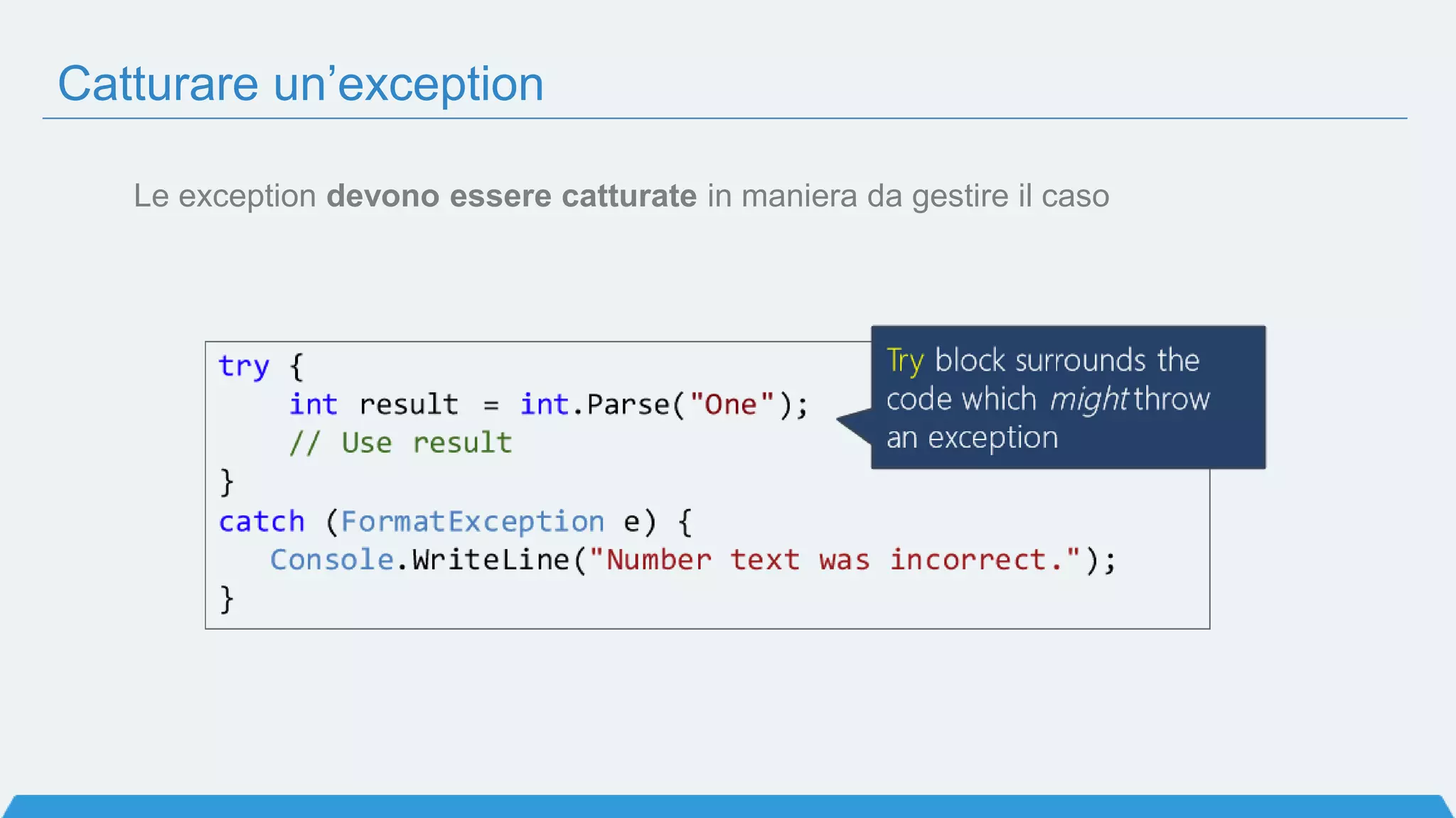 Catturare un’exception
Le exception devono essere catturate in maniera da gestire il caso
 