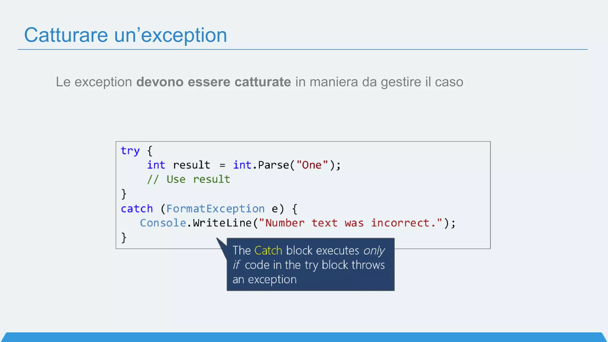 Catturare un’exception
Le exception devono essere catturate in maniera da gestire il caso
 
