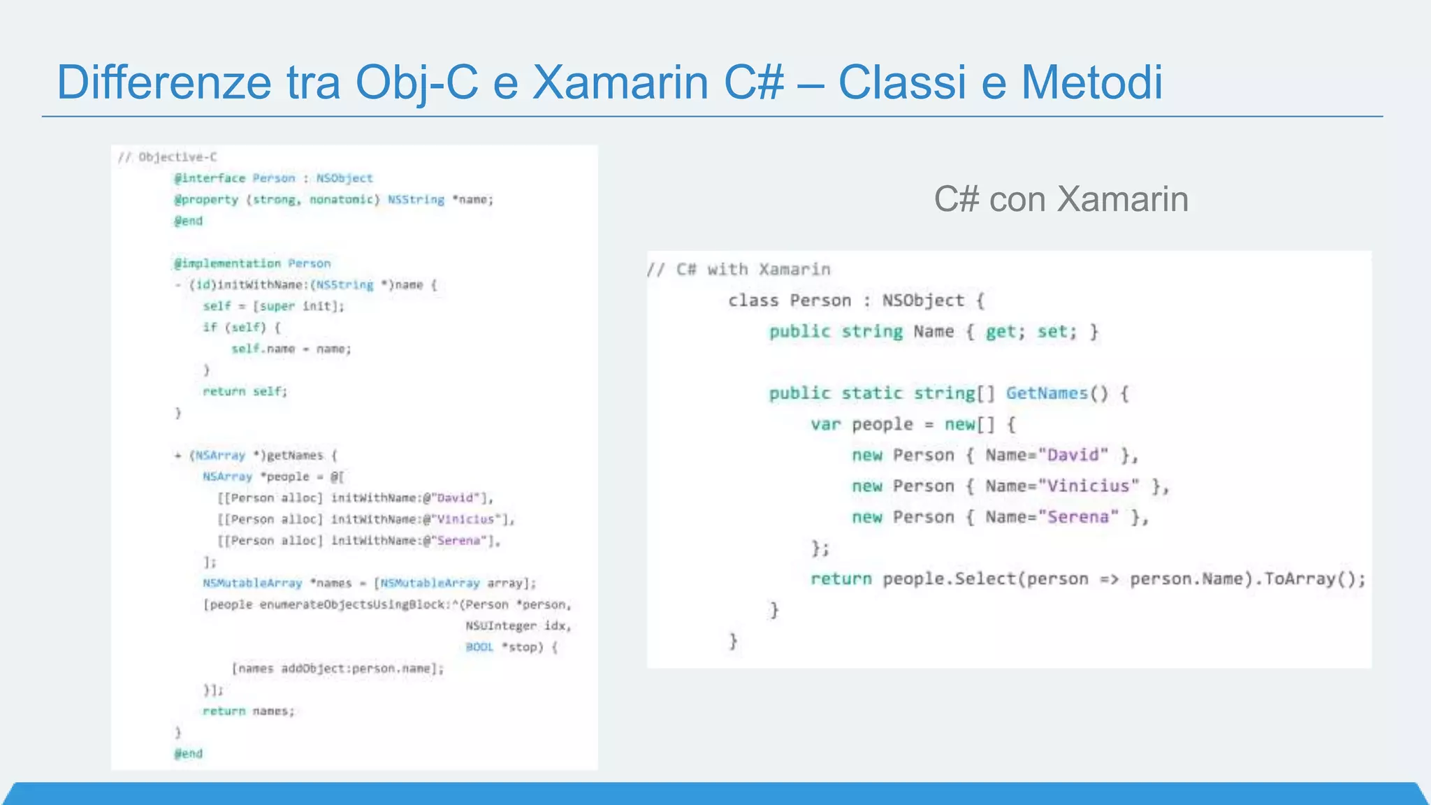 C# con XamarinObjective-C
Differenze tra Obj-C e Xamarin C# – Classi e Metodi
 