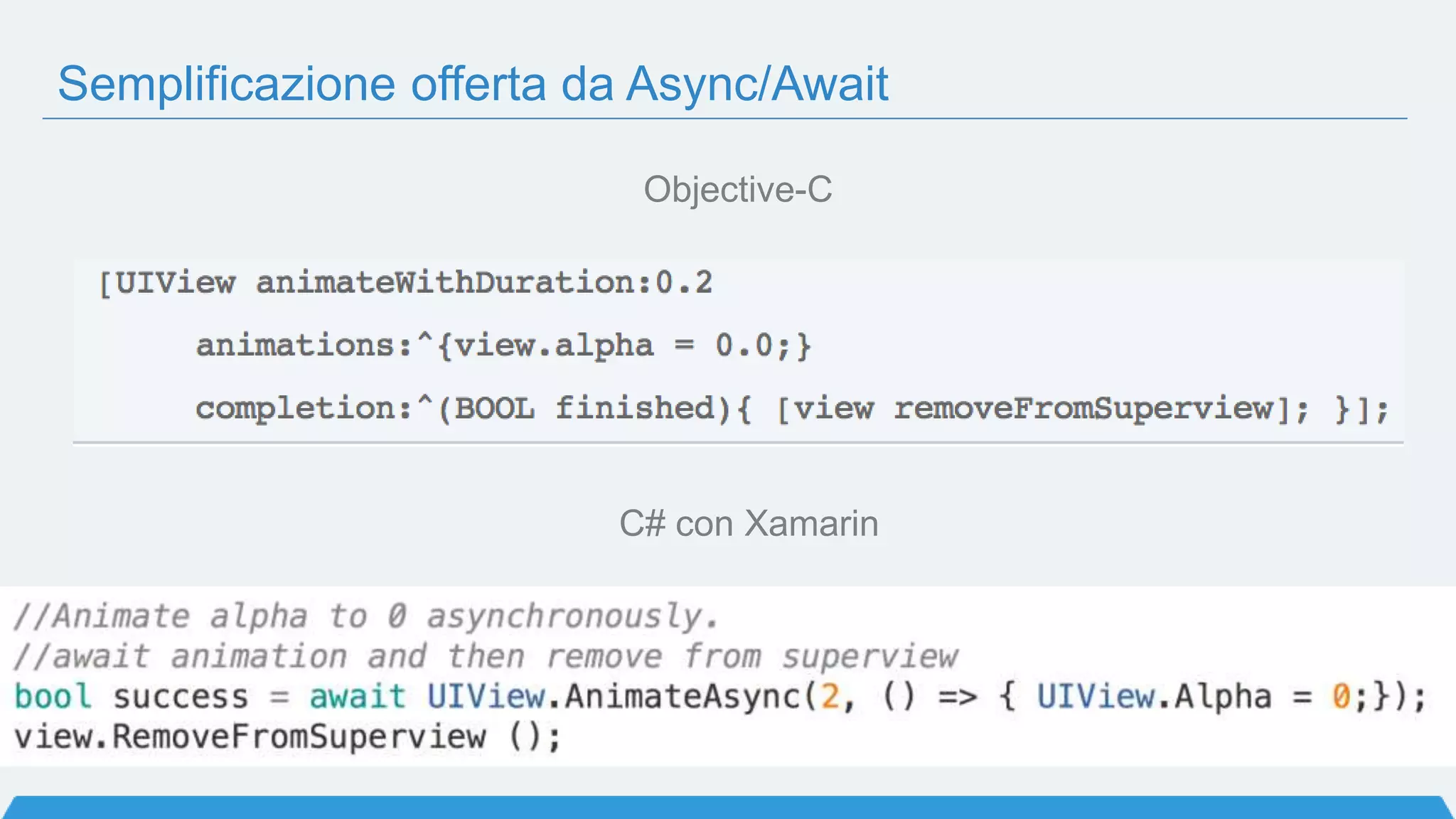 C# con Xamarin
Objective-C
Semplificazione offerta da Async/Await
 