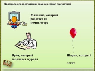 Мальчик, который
работает на
компьютере
Врач, который
заполняет журнал
Шарик, который
летит
Составьте словосочетания, заменив глагол причастием
 