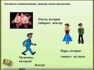 Мужчина,
который
быстро
идет
Пчела, которая
собирает нектар
Пара, которая
танцует на сцене
Составьте словосочетания, заменив глагол причастием
 