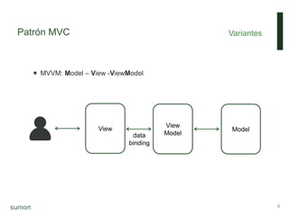 Patrón MVC
 MVVM: Model – View -ViewModel
Variantes
8
View Model
View
Modeldata
binding
 