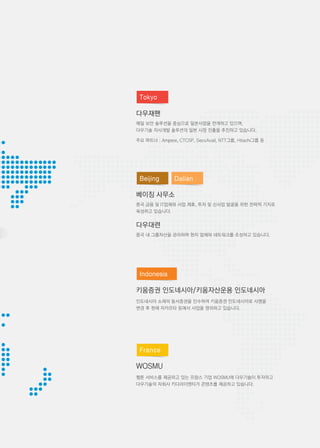 다우재팬
베이징 사무소
다우대련
키움증권 인도네시아/키움자산운용 인도네시아
웹툰 서비스를 제공하고 있는 프랑스 기업 WOSMU에 다우기술이 투자하고
다우기술의 자회사 키다리이엔티가 콘텐츠를 제공하고 있습니다.
인도네시아 소재의 동서증권을 인수하여 키움증권 인도네시아로 사명을
변경 후 현재 자카르타 등에서 사업을 영위하고 있습니다.
중국 내 그룹자산을 관리하며 현지 업체와 네트워크를 조성하고 있습니다.
중국 금융 및 IT업체와 사업 제휴, 투자 및 신사업 발굴을 위한 전략적 기지로
육성하고 있습니다.
메일 보안 솔루션을 중심으로 일본사업을 전개하고 있으며,
다우기술 자사개발 솔루션의 일본 시장 진출을 추진하고 있습니다.
주요 파트너 : Ampere, CTCSP, SecuAvail, NTT그룹, Hitachi그룹 등
 