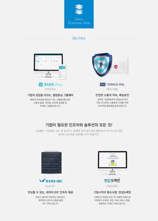 다우오피스 테라스메일
Daou IDC 반값도메인
기업시작의 필수사항, 반값도메인안심할 수 있는, 최적의 IDC 인프라 제공
안전한 소통의 약속, 메일보안기업의 성장을 이끄는, 협업중심 그룹웨어
메일과 전자결재 중심의 기존 그룹웨어를 넘어
소통과 협업, 모바일, 보안에 중점을 둔
차세대 그룹웨어입니다.
강력한 기업메일부터 메일보안까지
기업 내 안전한 소통환경 구현을 위한
프리미엄 통합메일 솔루션입니다.
최신식 설비와 안정적인 네트워크,
체계적인 관리시스템을 통한
IDC 서비스입니다.
도메인과 관련된 모든 것! 저렴한 비용으로
구매부터 포워딩, 파킹, 네임 서비스 등을
제공하는 도메인 서비스입니다.
기업이 필요한 인프라와 솔루션의 모든 것!
그룹웨어, 기업메일, IDC 및 클라우드 플랫폼 등의 솔루션을 활용하여 비즈니스를 위한
최적의 인프라를 경험해보시기 바랍니다.
 