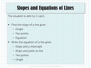 Slopes and Equations of Lines
The student is able to (I can):
• Find the slope of a line given
— Graph
— Two points
— Equation
• Write the equation of a line given
— Slope and y-intercept
— Slope and point on line
— Two points
— Graph
 