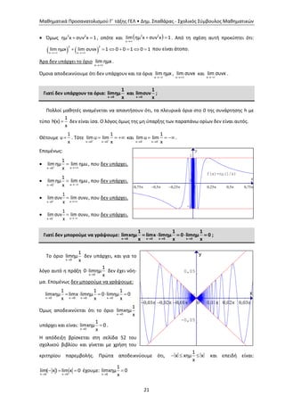 Μαθηματικά Προσανατολισμού Γ΄ τάξης ΓΕΛ • Δημ. Σπαθάρας - Σχολικός Σύμβουλος Μαθηματικών
21
 Όμως  2 2
ημ x συν x 1, οπότε και  
 2 2
x
lim ημ x συν x 1. Από τη σχέση αυτή προκύπτει ότι:
    
      
2 2
x x
lim ημx lim συνx 1 0 0 1 0 1 που είναι άτοπο.
Άρα δεν υπάρχει το όριο
x
lim ημx .
Όμοια αποδεικνύουμε ότι δεν υπάρχουν και τα όρια
x
lim ημx ,
x
lim συνx και
x
lim συνx .
Γιατί δεν υπάρχουν τα όρια:
x 0
1
limημ
x
και
x 0
1
limσυν
x
;
Πολλοί μαθητές αναμένεται να απαντήσουν ότι, τα πλευρικά όρια στο 0 της συνάρτησης h με
τύπο
1
h(x)
x
 δεν είναι ίσα. Ο λόγος όμως της μη ύπαρξης των παραπάνω ορίων δεν είναι αυτός.
Θέτουμε 
1
u
x
. Τότε  
 
  
x 0 x 0
1
lim u lim
x
και  
 
  
x 0 x 0
1
lim u lim
x
.
Επομένως:
  

ux 0
1
limημ lim ημu
x
, που δεν υπάρχει.
  

ux 0
1
limημ lim ημu
x
, που δεν υπάρχει.
  

ux 0
1
lim συν lim συνu
x
, που δεν υπάρχει.
  

ux 0
1
lim συν lim συνu
x
, που δεν υπάρχει.
Γιατί δεν μπορούμε να γράψουμε:
x 0 x 0 x 0 x 0
1 1 1
limxημ limx limημ 0 limημ 0
x x x   
     ;
Το όριο
x 0
1
limημ
x
δεν υπάρχει, και για το
λόγο αυτό η πράξη


x 0
1
0 limημ
x
δεν έχει νόη-
μα. Επομένως δεν μπορούμε να γράψουμε:
   
    
x 0 x 0 x 0 x 0
1 1 1
limxημ limx limημ 0 limημ 0
x x x
Όμως αποδεικνύεται ότι το όριο
x 0
1
limxημ
x
υπάρχει και είναι:


x 0
1
limxημ 0
x
.
Η απόδειξη βρίσκεται στη σελίδα 52 του
σχολικού βιβλίου και γίνεται με χρήση του
κριτηρίου παρεμβολής. Πρώτα αποδεικνύουμε ότι,   
1
x xημ x
x
και επειδή είναι:
x 0 x 0
lim( x ) lim x 0
 
   έχουμε:


x 0
1
limxημ 0
x
x
y
0,75p 0,5p 0,25p 0 0,25p 0,5p 0,75p
-1
0
1
f(x)=ημ(1/x)
x
y
0,03p 0,02p 0,01p 0 0,01p 0,02p 0,03p
-0,05
0
0,05
 