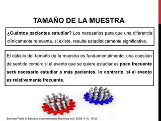 ¿Cuántos pacientes estudiar? Los necesarios para que una diferencia
clínicamente relevante, si existe, resulte estadísticamente significativa.
TAMAÑO DE LA MUESTRA
El cálculo del tamaño de la muestra es fundamentalmente, una cuestión
de sentido común: si el evento que se quiere estudiar es poco frecuente
será necesario estudiar a más pacientes, lo contrario, si el evento
es relativamente frecuente.
Bermejo Fraile B. Estudios experimentales.Matronas prof. 2008; 9 (1): 15-20
 
