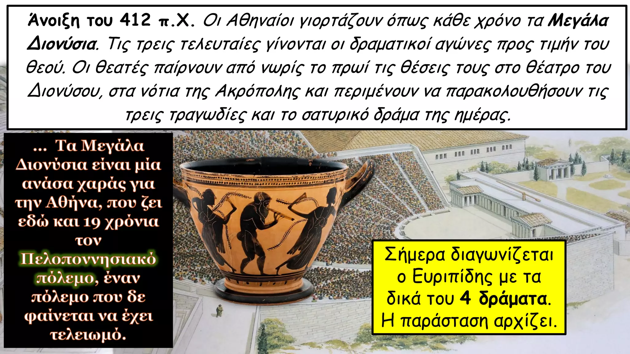Άνοιξη του 412 π.Χ. Οι Αθηναίοι γιορτάζουν όπως κάθε χρόνο τα Μεγάλα
Διονύσια. Τις τρεις τελευταίες γίνονται οι δραματικοί αγώνες προς τιμήν του
θεού. Οι θεατές παίρνουν από νωρίς το πρωί τις θέσεις τους στο θέατρο του
Διονύσου, στα νότια της Ακρόπολης και περιμένουν να παρακολουθήσουν τις
τρεις τραγωδίες και το σατυρικό δράμα της ημέρας.
Σήμερα διαγωνίζεται
ο Ευριπίδης με τα
δικά του 4 δράματα.
Η παράσταση αρχίζει.
 