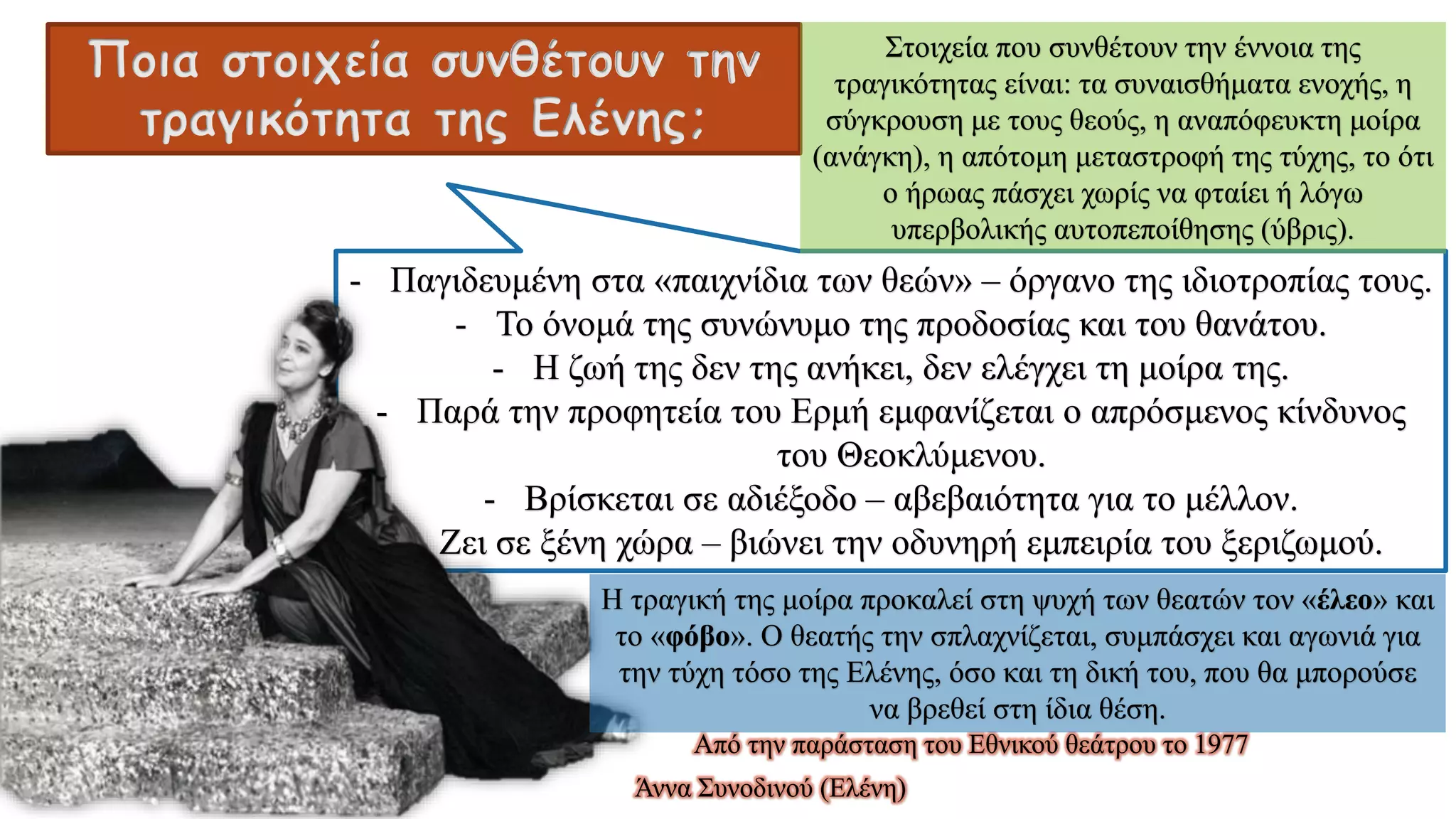 Ποια στοιχεία συνθέτουν την
τραγικότητα της Ελένης;
- Παγιδευμένη στα «παιχνίδια των θεών» – όργανο της ιδιοτροπίας τους.
- Το όνομά της συνώνυμο της προδοσίας και του θανάτου.
- Η ζωή της δεν της ανήκει, δεν ελέγχει τη μοίρα της.
- Παρά την προφητεία του Ερμή εμφανίζεται ο απρόσμενος κίνδυνος
του Θεοκλύμενου.
- Βρίσκεται σε αδιέξοδο – αβεβαιότητα για το μέλλον.
- Ζει σε ξένη χώρα – βιώνει την οδυνηρή εμπειρία του ξεριζωμού.
Άννα Συνοδινού (Ελένη)
Από την παράσταση του Εθνικού θεάτρου το 1977
Στοιχεία που συνθέτουν την έννοια της
τραγικότητας είναι: τα συναισθήματα ενοχής, η
σύγκρουση με τους θεούς, η αναπόφευκτη μοίρα
(ανάγκη), η απότομη μεταστροφή της τύχης, το ότι
ο ήρωας πάσχει χωρίς να φταίει ή λόγω
υπερβολικής αυτοπεποίθησης (ύβρις).
Η τραγική της μοίρα προκαλεί στη ψυχή των θεατών τον «έλεο» και
το «φόβο». Ο θεατής την σπλαχνίζεται, συμπάσχει και αγωνιά για
την τύχη τόσο της Ελένης, όσο και τη δική του, που θα μπορούσε
να βρεθεί στη ίδια θέση.
 