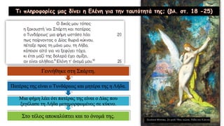 Στο τέλος αποκαλύπτει και το όνομά της.
Μια φήμη λέει ότι πατέρας της είναι ο Δίας που
ξεγέλασε τη Λήδα μεταμορφωμένος σε κύκνο.
Πατέρας της είναι ο Τυνδάρεως και μητέρα της η Λήδα.
Γεννήθηκε στη Σπάρτη.
 