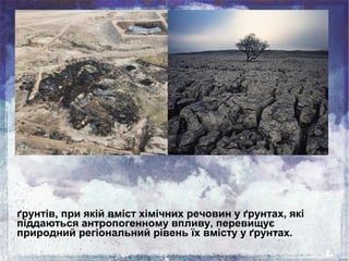 ґрунтів, при якій вміст хімічних речовин у ґрунтах, які
піддаються антропогенному впливу, перевищує
природний регіональний...