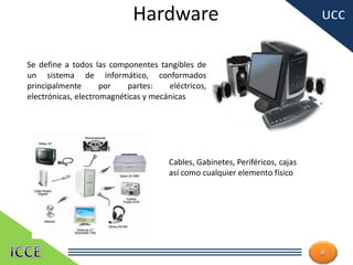 Hardware
5
Se define a todos las componentes tangibles de
un sistema de informático, conformados
principalmente por partes: eléctricos,
electrónicas, electromagnéticas y mecánicas
Cables, Gabinetes, Periféricos, cajas
así como cualquier elemento físico
 
