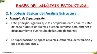 2. Hipótesis Básicas del Análisis Estructural:
• Principio de Superposición
 Este principio significa que los desplazamientos que resultan
de cada número de fuerzas pueden sumarse para obtener el
desplazamiento que resulta de la suma de fuerzas.
 La superposición se aplica a fuerzas, esfuerzos, deformación y
los desplazamientos.
BASES DEL ANÁLISIS ESTRUCTURAL
 