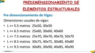 Pre dimensionamiento de Vigas:
Dimensiones usuales de vigas:
• L <= 5.5 metros 25x50, 30x50
• L <= 6.5 metros 25x60, 30x60, 40x60
• L <= 7.5 metros 25x70, 30x70, 40x70, 50x70
• L <= 8.5 metros 30x75, 40x75, 30x80, 40x80
• L <= 9.5 metros 30x85, 30x90, 40x85, 40x90
PREDIMENSIONAMIENTO DE
ELEMENTOS ESTRUCTURALES
 