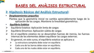 2. Hipótesis Básicas del Análisis Estructural:
• Desplazamientos pequeños
Plantea que la geometría inicial no cambia apreciablemente luego de la
aplicación de las cargas. Mantiene la linealidad geométrica.
• Equilibrio Estático
 Equilibrio Estatico: Aplicación lenta de cargas
 Equilibrio Dinamico: Aplicación súbita de cargas
 En el equilibrio estatico no se desarrollan fuerzas de inercia, las fuerzas
internas de los elementos deben equilibrar las cargas externas.
 En general, en este curso, el equilibrio estatico se aplicara a:
 La estructura completa debe estar en equilibrio
 Cada una de las barras debe estar en equilibrio.
 Cada uno de los nudos debe estar en equilibrio.
BASES DEL ANÁLISIS ESTRUCTURAL
 