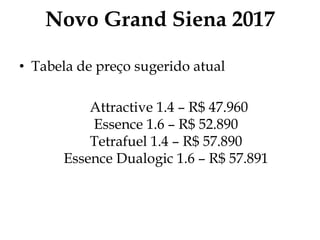Novo Grand Siena 2017
• Tabela de preço sugerido atual
Attractive 1.4 – R$ 47.960
Essence 1.6 – R$ 52.890
Tetrafuel 1.4 – R$ 57.890
Essence Dualogic 1.6 – R$ 57.891
 