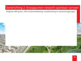 5454
Ringland
Denkrichting 2: knooppunten netwerk openbaar vervoer
Ringland: 80% groen, 20% stadsontwikkeling: randafwerking en stationsomgevingen
 