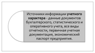 Источники информации учетного
характера - данные документов
бухгалтерского, статистического и
оперативного учета, все виды
отчетности, первичная учетная
документация, экономический
паспорт предприятия.
 