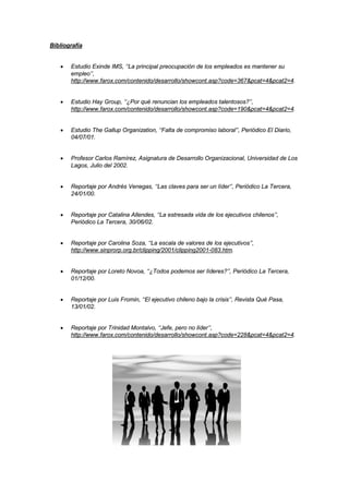 Bibliografía
• Estudio Exinde IMS, ‘‘La principal preocupación de los empleados es mantener su
empleo’’,
http://www.farox.com/contenido/desarrollo/showcont.asp?code=367&pcat=4&pcat2=4.
• Estudio Hay Group, ‘‘¿Por qué renuncian los empleados talentosos?’’,
http://www.farox.com/contenido/desarrollo/showcont.asp?code=190&pcat=4&pcat2=4.
• Estudio The Gallup Organization, ‘‘Falta de compromiso laboral’’, Periódico El Diario,
04/07/01.
• Profesor Carlos Ramírez, Asignatura de Desarrollo Organizacional, Universidad de Los
Lagos, Julio del 2002.
• Reportaje por Andrés Venegas, ‘‘Las claves para ser un líder’’, Periódico La Tercera,
24/01/00.
• Reportaje por Catalina Allendes, ‘‘La estresada vida de los ejecutivos chilenos’’,
Periódico La Tercera, 30/06/02.
• Reportaje por Carolina Soza, ‘‘La escala de valores de los ejecutivos’’,
http://www.sinprorp.org.br/clipping/2001/clipping2001-083.htm.
• Reportaje por Loreto Novoa, ‘‘¿Todos podemos ser líderes?’’, Periódico La Tercera,
01/12/00.
• Reportaje por Luis Fromin, ‘‘El ejecutivo chileno bajo la crisis’’, Revista Qué Pasa,
13/01/02.
• Reportaje por Trinidad Montalvo, ‘‘Jefe, pero no líder’’,
http://www.farox.com/contenido/desarrollo/showcont.asp?code=228&pcat=4&pcat2=4.
 