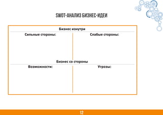 12
SWOT-анализ бизнес-идеи
Сильные стороны: Слабые стороны:
Бизнес изнутри
Возможности: Угрозы:
Бизнес со стороны
 