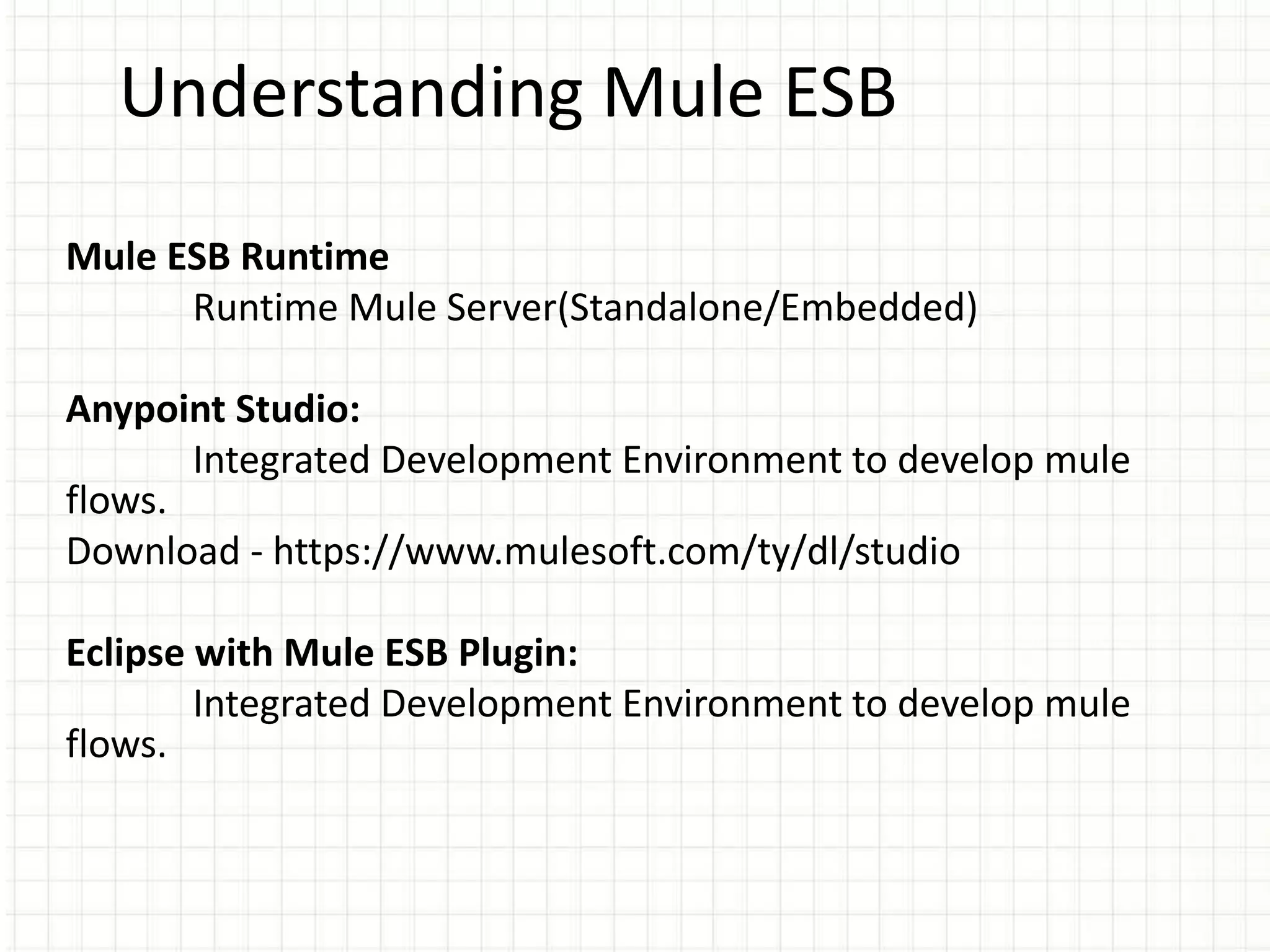 Understanding Mule ESB
Mule ESB Runtime
Runtime Mule Server(Standalone/Embedded)
Anypoint Studio:
Integrated Development Environment to develop mule
flows.
Download - https://www.mulesoft.com/ty/dl/studio
Eclipse with Mule ESB Plugin:
Integrated Development Environment to develop mule
flows.
 