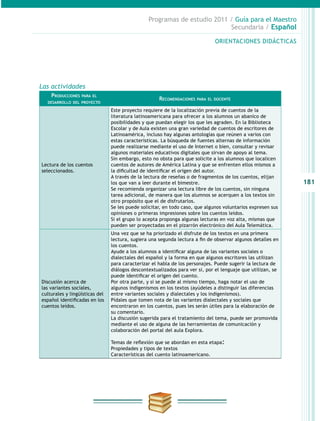 181
Programas de estudio 2011 / Guía para el Maestro
Secundaria / Español
Las actividades
Producciones para el
desarrollo del proyecto
Recomendaciones para el docente
Lectura de los cuentos
seleccionados.
Este proyecto requiere de la localización previa de cuentos de la
literatura latinoamericana para ofrecer a los alumnos un abanico de
posibilidades y que puedan elegir los que les agraden. En la Biblioteca
Escolar y de Aula existen una gran variedad de cuentos de escritores de
Latinoamérica, incluso hay algunas antologías que reúnen a varios con
estas características. La búsqueda de fuentes alternas de información
puede realizarse mediante el uso de Internet o bien, consultar y revisar
algunos materiales educativos digitales que sirvan de apoyo al tema.
Sin embargo, esto no obsta para que solicite a los alumnos que localicen
cuentos de autores de América Latina y que se enfrenten ellos mismos a
la dificultad de identificar el origen del autor.
A través de la lectura de reseñas o de fragmentos de los cuentos, elijan
los que van a leer durante el bimestre.
Se recomienda organizar una lectura libre de los cuentos, sin ninguna
tarea adicional, de manera que los alumnos se acerquen a los textos sin
otro propósito que el de disfrutarlos.
Se les puede solicitar, en todo caso, que algunos voluntarios expresen sus
opiniones o primeras impresiones sobre los cuentos leídos.
Si el grupo lo acepta proponga algunas lecturas en voz alta, mismas que
pueden ser proyectadas en el pizarrón electrónico del Aula Telemática.
Discusión acerca de
las variantes sociales,
culturales y lingüísticas del
español identificadas en los
cuentos leídos.
Una vez que se ha priorizado el disfrute de los textos en una primera
lectura, sugiera una segunda lectura a fin de observar algunos detalles en
los cuentos.
Ayude a los alumnos a identificar alguna de las variantes sociales o
dialectales del español y la forma en que algunos escritores las utilizan
para caracterizar el habla de los personajes. Puede sugerir la lectura de
diálogos descontextualizados para ver si, por el lenguaje que utilizan, se
puede identificar el origen del cuento.
Por otra parte, y si se puede al mismo tiempo, haga notar el uso de
algunos indigenismos en los textos (ayúdeles a distinguir las diferencias
entre variantes sociales y dialectales y los indigenismos).
Pídales que tomen nota de las variantes dialectales y sociales que
encontraron en los cuentos, pues les serán útiles para la elaboración de
su comentario.
La discusión sugerida para el tratamiento del tema, puede ser promovida
mediante el uso de alguna de las herramientas de comunicación y
colaboración del portal del aula Explora.
Temas de reflexión que se abordan en esta etapa:
Propiedades y tipos de textos
Características del cuento latinoamericano.
ORIENTACIONES DIDÁCTICASORIENTACIONES DIDÁCTICAS
 
