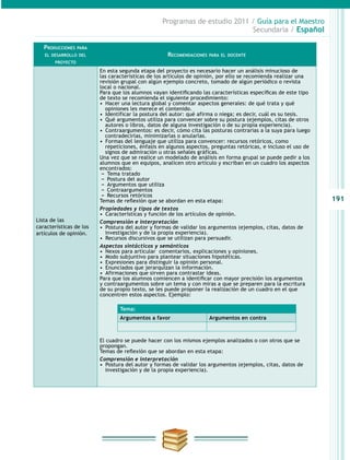 191
Programas de estudio 2011 / Guía para el Maestro
Secundaria / Español
Producciones para
el desarrollo del
proyecto
Recomendaciones para el docente
Lista de las
características de los
artículos de opinión.
En esta segunda etapa del proyecto es necesario hacer un análisis minucioso de
las características de los artículos de opinión, por ello se recomienda realizar una
revisión grupal con algún ejemplo concreto, tomado de algún periódico o revista
local o nacional.
Para que los alumnos vayan identificando las características específicas de este tipo
de texto se recomienda el siguiente procedimiento:
•  Hacer una lectura global y comentar aspectos generales: de qué trata y qué
opiniones les merece el contenido.
•  Identificar la postura del autor: qué afirma o niega; es decir, cuál es su tesis.
•  Qué argumentos utiliza para convencer sobre su postura (ejemplos, citas de otros
autores o libros, datos de alguna investigación o de su propia experiencia).
•  Contraargumentos: es decir, cómo cita las posturas contrarias a la suya para luego
contradecirlas, minimizarlas o anularlas.
•  Formas del lenguaje que utiliza para convencer: recursos retóricos, como
repeticiones, énfasis en algunos aspectos, preguntas retóricas, e incluso el uso de
signos de admiración u otras señales gráficas.
Una vez que se realice un modelado de análisis en forma grupal se puede pedir a los
alumnos que en equipos, analicen otro artículo y escriban en un cuadro los aspectos
encontrados:
−− Tema tratado
−− Postura del autor
−− Argumentos que utiliza
−− Contraargumentos
−− Recursos retóricos
Temas de reflexión que se abordan en esta etapa:
Propiedades y tipos de textos
•  Características y función de los artículos de opinión.
Comprensión e interpretación
•  Postura del autor y formas de validar los argumentos (ejemplos, citas, datos de
investigación y de la propia experiencia).
•  Recursos discursivos que se utilizan para persuadir.
Aspectos sintácticos y semánticos
•  Nexos para articular comentarios, explicaciones y opiniones.
•  Modo subjuntivo para plantear situaciones hipotéticas.
•  Expresiones para distinguir la opinión personal.
•  Enunciados que jerarquizan la información.
•  Afirmaciones que sirven para contrastar ideas.
Para que los alumnos comiencen a identificar con mayor precisión los argumentos
y contraargumentos sobre un tema y con miras a que se preparen para la escritura
de su propio texto, se les puede proponer la realización de un cuadro en el que
concentren estos aspectos. Ejemplo:
Tema:
Argumentos a favor Argumentos en contra
El cuadro se puede hacer con los mismos ejemplos analizados o con otros que se
propongan.
Temas de reflexión que se abordan en esta etapa:
Comprensión e interpretación
•  Postura del autor y formas de validar los argumentos (ejemplos, citas, datos de
investigación y de la propia experiencia).
 