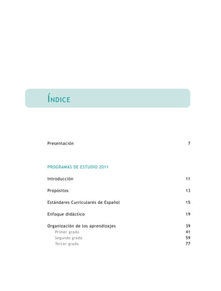 Presentación
PROGRAMAS DE ESTUDIO 2011
Introducción
Propósitos
Estándares Curriculares de Español
Enfoque didáctico
Organización de los aprendizajes
Primer grado
Segundo grado
Tercer grado
7
11
13
15
19
39
41
59
77
Índice
 