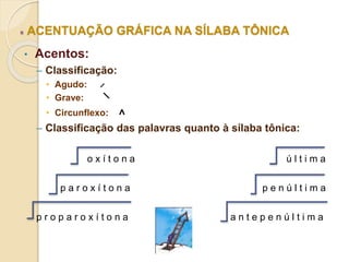 ACENTUAÇÃO GRÁFICA NA SÍLABA TÔNICA
• Acentos:
– Classificação:
• Agudo: ̷
• Grave:
• Circunflexo: ˄
– Classificação das palavras quanto à sílaba tônica:
o x í t o n a ú l t i m a
p a r o x í t o n a p e n ú l t i m a
p r o p a r o x í t o n a a n t e p e n ú l t i m a
 