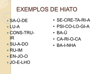 EXEMPLOS DE HIATO
 SA-Ú-DE
 LU-A
 CONS-TRU-
IR
 SU-A-DO
 RU-IM
 EN-JO-O
 JO-E-LHO
• SE-CRE-TA-RI-A
• PSI-CO-LO-GI-A
• BA-Ú
• CA-RI-O-CA
• BA-I-NHA
 
