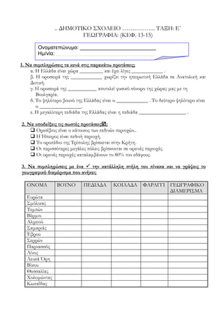 .. ΔΗΜΟΤΙΚΟ ΣΧΟΛΕΙΟ …………….. ΤΑΞΗ: Ε΄
ΓΕΩΓΡΑΦΙΑ: (ΚΕΦ. 13-15)
1. Να συμπληρώσεις τα κενά στις παρακάτω προτάσεις;
α. Η Ελλάδα είναι χώρα _________ και έχει λίγες ____________ .
β. Η οροσειρά της ____________ χωρίζει την ηπειρωτική Ελλάδα σε Ανατολική και
Δυτική.
γ. Η οροσειρά της ___________ αποτελεί φυσικό σύνορο της χώρας μας με τη
Βουλγαρία.
δ. Το ψηλότερο βουνό της Ελλάδας είναι ο ____________ . Το δεύτερο ψηλότερο είναι
ο ________________.
ε. Η μεγαλύτερη πεδιάδα της Ελλάδας είναι η πεδιάδα __________________ .
2. Να υποδείξεις τις σωστές προτάσεις;
 Ορεσίβιος είναι ο κάτοικος των πεδινών περιοχών..
 Η Ήπειρος είναι πεδινή περιοχή.
 Το οροπέδιο της Τρίπολης βρίσκεται στην Κρήτη.
 Οι περισσότερες μεγάλες πόλεις βρίσκονται σε ορεινές περιοχές.
 Οι ορεινές περιοχές καταλαμβάνουν το 80% του εδάφους.
3. Να συμπληρώσεις με ένα  την κατάλληλη στήλη του πίνακα και να γράψεις το
γεωγραφικό διαμέρισμα που ανήκει;
ΟΝΟΜΑ ΒΟΥΝΟ ΠΕΔΙΑΔΑ ΚΟΙΛΑΔΑ ΦΑΡΑΓΓΙ ΓΕΩΓΡΑΦΙΚΟ
ΔΙΑΜΕΡΙΣΜΑ
Ευρώτα
Σμόλικας
Τεμπών
Βέρμιο
Αλφειού
Σαμαριάς
Έβρου
Σερρών
Παρνασσός
Αίνος
Λευκά Όρη
Βίκου
Θεσσαλίας
Χολομώντας
Κωπαΐδας
Ονοματεπώνυμο: __________________________
Hμ/νία: __________________________________
_________
 