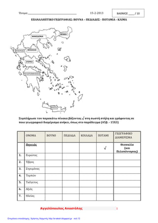Αγγελόπουλος Αποστόλης 1
Όνομα:_____________________________________________ 15-2-2013
ΕΠΑΝΑΛΗΠΤΙΚΟ ΓΕΩΓΡΑΦΙΑΣ: ΒΟΥΝΑ – ΠΕΔΙΑΔΕΣ - ΠΟΤΑΜΙΑ - ΚΛΙΜΑ
Συμπλήρωσε τον παρακάτω πίνακα βάζοντας √ στη σωστή στήλη και γράφοντας σε
ποιο γεωγραφικό διαμέρισμα ανήκει, όπως στο παράδειγμα (45β. - 15Χ3)
ΟΝΟΜΑ ΒΟΥΝΟ ΠΕΔΙΑΔΑ ΚΟΙΛΑΔΑ ΠΟΤΑΜΙ
ΓΕΩΓΡΑΦΙΚΟ
ΔΙΑΜΕΡΙΣΜΑ
Πηνειός
√
Θεσσαλία
(και
Πελοπόννησος)
1. Ευρώτας
2. Έβρος
3. Στρυμόνας
4. Τεμπών
5. Ταΰγετος
6. Αξιός
7. Ηλείας
ΒΑΘΜΟΣ ____ / 10
ΘΡΑΚΗ
ΜΑΚΕΔΟΝΙΑ
ΘΕΣΣΑΛΙΑ
ΣΤΕΡΕΑ
ΠΕΛΟΠΟΝΝΗΣΟΣ
ΚΡΗΤΗ
ΗΠΕΙΡΟΣ
Επιμέλεια επανάληψης: Χρήστος Χαρμπής http://e-taksh.blogspot.gr σελ.13
 