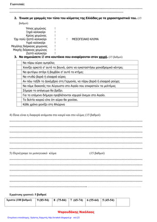 Γιαννιτσά:
………………………………………………………………………………………………………………
………………………………………………………………………………………………
2. Ένωσε με γραμμές τον τύπο του κλίματος της Ελλάδας με τα χαρακτηριστικά του. (15
βαθμοί)
Ήπιος χειμώνας 
Ξηρό καλοκαίρι 
Κρύος χειμώνας 
Όχι πολύ ζεστό καλοκαίρι   ΜΕΣΟΓΕΙΑΚΟ ΚΛΙΜΑ
Υγρό καλοκαίρι 
Μεγάλης διάρκειας χειμώνας 
Μικρής διάρκειας χειμώνας 
Ζεστό καλοκαίρι 
3. Να σημειώσετε  στα κουτάκια που αναφέρονται στον καιρό. (15 βαθμοί)
Να πάρω αύριο ομπρέλα;
Χιονίζει αρκετά σ’ αυτό το βουνό, ώστε να εγκαταστήσω χιονοδρομικό κέντρο;
Να φυτέψω σιτάρι ή βαμβάκι σ’ αυτό το κτήμα;
Να ντυθώ βαριά ή ελαφριά αύριο;
Αν πάω ταξίδι το Δεκέμβριο στη Γερμανία, να πάρω βαριά ή ελαφριά ρούχα;
Να πάμε διακοπές τον Αύγουστο στο Αιγαίο που επικρατούν τα μελτέμια;
Σήμερα το απόγευμα θα βρέξει.
Για το επόμενο διήμερο προβλέπονται ισχυροί άνεμοι στο Αιγαίο.
Το δελτίο καιρού είπε ότι αύριο θα χιονίσει.
Κάθε χρόνο χιονίζει στη Φλώρινα
4) Ποια είναι η διαφορά ανάμεσα στο καιρό και στο κλίμα; (15 βαθμοί)
………………………………………………………………………………………………………………
………………………………………………………………………………………………………………
………………………………………………………………………………………………………………
………………………………………………………………………………………………………………
………………………………………………………………………………………………………………
………………………………………………………………………………………………………………
5) Περιέγραψε το μεσογειακό κλίμα (15 βαθμοί)
………………………………………………………………………………………………………………
………………………………………………………………………………………………………………
………………………………………………………………………………………………………………
………………………………………………………………………………………………………………
………………………………………………………………………………………………………………
……………………………………………………………….. …………………………………………………….
Εμφάνιση γραπτού: 5 βαθμοί
Άριστα (100 βαθμοί) 9 (85-94) 8 (75-84) 7 (65-74) 6 (55-64) 5 (45-54)
Ψαρουδάκης Νικόλαος
Επιμέλεια επανάληψης: Χρήστος Χαρμπής http://e-taksh.blogspot.gr σελ.23
 