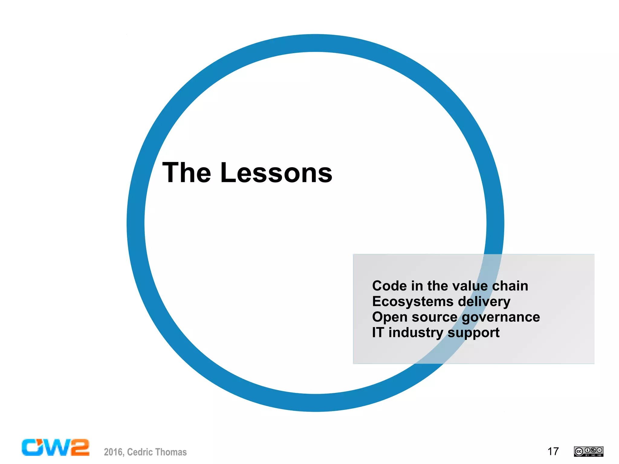 172016, Cedric Thomas
Code in the value chain
Ecosystems delivery
Open source governance
IT industry support
The Lessons
 