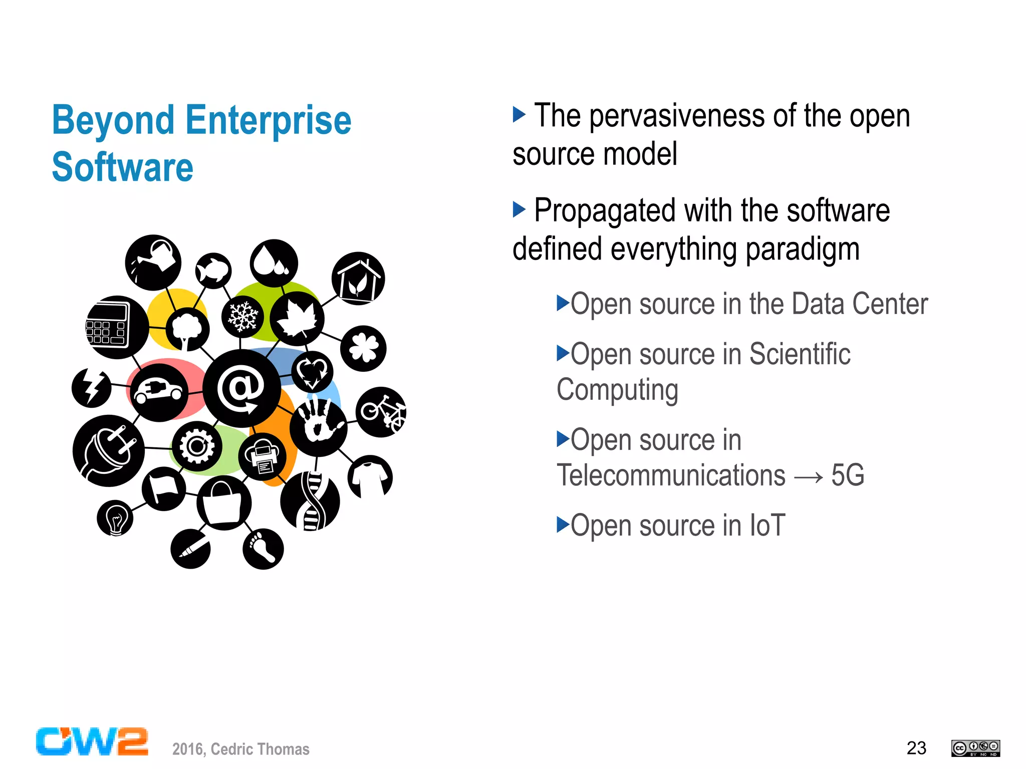 232016, Cedric Thomas
Beyond Enterprise
Software
The pervasiveness of the open
source model
Propagated with the software
defined everything paradigm
Open source in the Data Center
Open source in Scientific
Computing
Open source in
Telecommunications → 5G
Open source in IoT
 