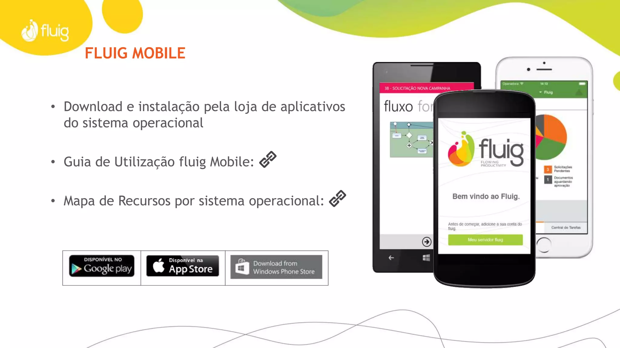 FLUIG MOBILE
• Download e instalação pela loja de aplicativos
do sistema operacional
• Guia de Utilização fluig Mobile:
• Mapa de Recursos por sistema operacional:
 