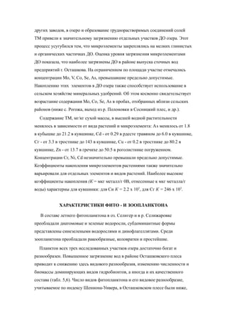 других заводов, в озеро и образование труднорастворимых соединений солей
ТМ привели к значительному загрязнению отдельных участков ДО озера. Этот
процесс усугубился тем, что микроэлементы закреплялись на мелких глинистых
и органических частичках ДО. Оценка уровня загрязнения микроэлементами
ДО показала, что наиболее загрязнены ДО в районе выпуска сточных вод
предприятий г. Осташкова. На ограниченном по площади участке отмечались
концентрации Мо, V, Со, Sе, Аs, превышавшие предельно допустимые.
Накоплению этих элементов в ДО озера также способствует использование в
сельском хозяйстве минеральных удобрений. Об этом косвенно свидетельствует
возрастание содержания Мо, Со, Sе, Аs в пробах, отобранных вблизи сельских
районов (ниже с. Рогожа, выход из р. Полоновки в Сосницкий плес, и др.).
Содержание ТМ, мг/кг сухой массы, в высшей водной растительности
менялось в зависимости от вида растений и микроэлемента: Аs менялось от 1.8
в кубышке до 21.2 в кувшинке, Сd - от 0.29 в рдесте травяном до 6.0 в кувшинке,
Сг - от 3.3 в тростнике до 143 в кувшинке, Сu - от 0.2 в тростнике до 80.2 в
кувшинке, Zn - от 13.7 в гречихе до 50.5 в роголистнике погруженном.
Концентрации Сг, Ni, Сd незначительно превышали предельно допустимые.
Коэффициенты накопления микроэлементов растениями также значительно
варьировали для отдельных элементов и видов растений. Наиболее высокие
коэффициенты накопления (К = мкг металл/г 0В, отнесенные к мкг металла/г
воды) характерны для кувшинки: для Си К = 2.2 х 103
, для Сг К = 246 х 103
.
ХАРАКТЕРИСТИКИ ФИТО - И ЗООПЛАНКТОНА
В составе летнего фитопланктона в оз. Селигер и в р. Селижаровке
преобладали диатомовые и зеленые водоросли, субдоминантные формы
представлены синезелеными водорослями и динофлагеллятами. Среди
зоопланктона преобладали ракообразные, коловратки и простейшие.
Планктон всех трех исследованных участков озера достаточно богат и
разнообразен. Повышенное загрязнение вод в районе Осташковского плеса
приводит к снижению здесь видового разнообразия, изменению численности и
биомассы доминирующих видов гидробионтов, а иногда и их качественного
состава (табл. 5,6). Число видов фитопланктона и его видовое разнообразие,
учитываемое по индексу Шеннона-Уивера, в Осташковском плесе были ниже,
 