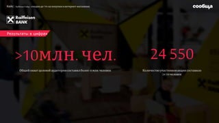 Результаты в цифрах
Общий охватцелевой аудиториисоставилболее 10 млн.человек
>10млн. чел.
Количествоучастниковакциисоставило
24550человек
24 550
Кейс: RaiffeisenFriday-скидки до 70% на покупки винтернет-магазинах
 