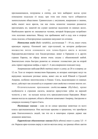 пресмыкающиеся, погружены в спячку, для чего выбирают всегда сухое
помещение подальше от воды; при этом они очень часто собираются
значительными обществами. Сравнительно с лягушками, ящерицами и змеями,
жабы имеют мало врагов, так как очень немногие хищники решаются
проглатывать их; защитой им служат ядовитые выделения из кожных желез.
Наибольшим врагом их оказывается человек, который безрассудно истребляет
этих полезных животных. Между тем пребывание жаб в саду или в огороде
очень полезно, и благоразумные садовники напускают их сотнями.
Пятнистая жаба (Bufo variabilis), достигающая 7 - 10 см, имеет очень
красивую окраску. Основной цвет серо-зеленый, на котором разбросано
множество пятен оливкового или темно-бурого цвета и мелкие
бородавочки,желтоватые или бледно-розовые; живет в Германии и в других
странах Европы, по образу жизни очень сходна с обыкновенной жабой.
Замечательно очень быстрое развитие ее личинок: головастики уже на второй
день теряют наружные жабры, а через 3 - 4 дня совершенно покидают воду.
Американская жаба ага (Bufo marinus) имеет в длину до 20 и в ширину до
12 см. Тело ее покрыто множеством бородавок, из которых некоторые несут на
верхушках маленькие роговые шипы, живет она во всей Южной и Средней
Америке, особенно многочисленна в Гвиане. Слизь, выделяющаяся из кожных
желез, действует как сильный яд и сохраняет свои свойства в течение многих лет.
Отличительными признаками свойства квакш (Hylidae), кроме
особенности в строении скелета, является присутствие зубов на верхней
челюсти; у них на пальцах всегда есть присасывательные бородавки. Живут
квакши всегда на деревьях; область обитания захватывает Америку, Австралию и
северную половину Старого Света.
Настоящие квакши - едва ли не самые красивые животные из всего
класса пресмыкающихся. Они настолько красивы и грациозны, что приобрели
даже благосклонность людей, так что их в некоторых странах держат как
домашних животных.
Еврропейская обыкновенная квакша (Hyla arborea) имеет в длину 3,5 - 4
см. Окраска ярко-зеленая сверху и светло-желтая снизу; на границе обоих цветов
XIV
 