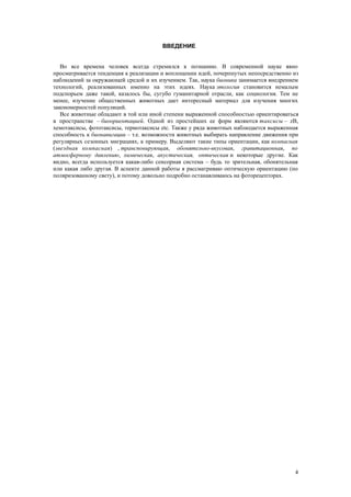 ВВЕДЕНИЕ
Во все времена человек всегда стремился к познанию. В современной науке явно
просматривается тенденция к реализации и воплощении идей, почерпнутых непосредственно из
наблюдений за окружающей средой и их изучением. Так, наука бионика занимается внедрением
технологий, реализованных именно на этих идеях. Наука этология становится немалым
подспорьем даже такой, казалось бы, сугубо гуманитарной отрасли, как социология. Тем не
менее, изучение общественных животных дает интересный материал для изучения многих
закономерностей популяций.
Все животные обладают в той или иной степени выраженной способностью ориентироваться
в пространстве – биоориентацией. Одной из простейших ее форм являются таксисы – zB,
хемотаксисы, фототаксисы, термотаксисы etc. Также у ряда животных наблюдается выраженная
способность к бионавигации – т.е. возможности животных выбирать направление движения при
регулярных сезонных миграциях, к примеру. Выделяют такие типы ориентации, как компасная
(звездная компасная) , транспонирующая, обонятельно-вкусовая, гравитационная, по
атмосферному давлению, химическая, акустическая, оптическая и некоторые другие. Как
видно, всегда используется какая-либо сенсорная система – будь то зрительная, обонятельная
или какая либо другая. В аспекте данной работы я рассматриваю оптическую ориентацию (по
поляризованному свету), и потому довольно подробно останавливаюсь на фоторецепторах.
4
 