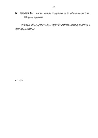 БИОХИМИК 2: - В листьях калины содержится до 50 мг% витамина С на
100 грамм продукта.
ЛИСТЬЯ, ПЛОДЫ И СЕМЕНА ЭКСПЕРИМЕНТАЛЬНЫХ СОРТОВ И
ФОРМЫ КАЛИНЫ:
СОУЗГА
119
 