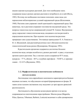 иными сортами культурных растений. Для этого необходимо знать
содержание воды в разных органах растения и потребность их в ней (Фогль,
1983). Поэтому им необходимо постоянно пополнять запас воды для
перенесения неблагоприятных условий окружающей среды (Колесников,
1968). Растение само управляет своей адаптацией к окружающей среде. Как
животные, так и растения сохраняют постоянство внутренней среды. Эти
вопросы гомеостаза изучал американский ученый W. Cannon. Внутреннюю
среду определяет гомеостатическая вода, входящая в состав растений в
определенном количестве. При падении этого количества растение
прекращает свое существование. Эти выводы принадлежат П. А. Геккелю и
Н. А. Шаламовой. Для растений различных мест обитания количество
гомеостатической воды разное (Кушниренко, Печерская, 1991).
В растительном организме содержится достаточно большое
количество воды, которое колеблется у разных растений и даже у отдельных
органов одного растения. Так, в листьях салата содержится 95 % воды,
кукурузы – 77 %, яблони – 60 %, в клубнях картофеля – 74-80 %, в зерновке
злаков – 12-14 % (Якушкина, 1983).
3. 2. Морфологические и анатомические особенности
листьев калины
Листопадные леса европейского континента характеризуются бедным
видовым составом, что обусловлено историей формирования их флоры. В
таком летне-зеленом лиственном лесу выделяют до трех ярусов древесной
растительности.
Листопадность обусловлена целым рядом причин и не всегда
сопровождается генетическими перестройками. Многие роды (Magnolia,
Fikus, Quercus, Viburnum, Berberis, Lonicera) включают в себя одновременно
38
 