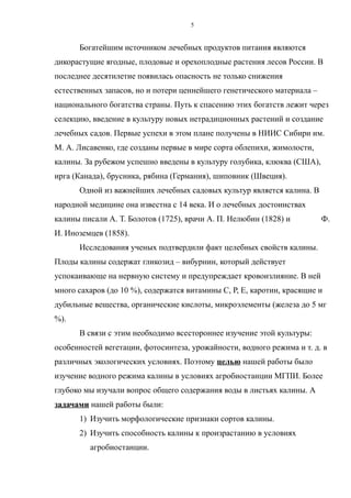 Богатейшим источником лечебных продуктов питания являются
дикорастущие ягодные, плодовые и орехоплодные растения лесов России. В
последнее десятилетие появилась опасность не только снижения
естественных запасов, но и потери ценнейшего генетического материала –
национального богатства страны. Путь к спасению этих богатств лежит через
селекцию, введение в культуру новых нетрадиционных растений и создание
лечебных садов. Первые успехи в этом плане получены в НИИС Сибири им.
М. А. Лисавенко, где созданы первые в мире сорта облепихи, жимолости,
калины. За рубежом успешно введены в культуру голубика, клюква (США),
ирга (Канада), брусника, рябина (Германия), шиповник (Швеция).
Одной из важнейших лечебных садовых культур является калина. В
народной медицине она известна с 14 века. И о лечебных достоинствах
калины писали А. Т. Болотов (1725), врачи А. П. Нелюбин (1828) и Ф.
И. Иноземцев (1858).
Исследования ученых подтвердили факт целебных свойств калины.
Плоды калины содержат гликозид – вибурнин, который действует
успокаивающе на нервную систему и предупреждает кровоизлияние. В ней
много сахаров (до 10 %), содержатся витамины С, Р, Е, каротин, красящие и
дубильные вещества, органические кислоты, микроэлементы (железа до 5 мг
%).
В связи с этим необходимо всестороннее изучение этой культуры:
особенностей вегетации, фотосинтеза, урожайности, водного режима и т. д. в
различных экологических условиях. Поэтому целью нашей работы было
изучение водного режима калины в условиях агробиостанции МГПИ. Более
глубоко мы изучали вопрос общего содержания воды в листьях калины. А
задачами нашей работы были:
1) Изучить морфологические признаки сортов калины.
2) Изучить способность калины к произрастанию в условиях
агробиостанции.
5
 