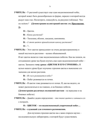УЧИТЕЛЬ: - У растений существует еще один видоизмененный побег,
который может быть разнообразным по форме, окраске и который всегда
радует наш глаз. Посмотрите, пожалуйста, на рисунки (таблицы). Что
вы видите? (Демонстрация иллюстраций цветов: см. Приложение
2).
О: - Цветок.
В: - Каких растений?
О: - Тюльпана, яблони, ландыша, шиповника.
В: - А этот цветок принадлежит какому растению?
О: - ?..
УЧИТЕЛЬ: - Этот цветок принадлежит не очень распространенному в
нашей местности растению – калине обыкновенной.
И вот цветок является тоже видоизмененным побегом. Как вы поняли, на
сегодняшнем уроке мы будем изучать еще один видоизмененный побег –
цветок. Запишите тему урока: «ЦВЕТОК И ЕГО СТРОЕНИЕ». И
целью нашего урока будет изучение строения цветка и выяснение его
значения для жизни растения.
В: - Из чего развивается побег?
О: - Побег развивается из почки.
УЧИТЕЛЬ: - И цветок тоже развивается из почки. И, как вы видите, он
может располагаться и на главных, и на боковых побегах.
(Демонстрация различных положений цветков – на верхушке и на
боковых побегах)
УЧИТЕЛЬ: - Давайте дадим определение – что такое цветок и запишем его
в тетрадь.
О: - ЦВЕТОК – это видоизмененный укороченный побег…
УЧИТЕЛЬ: - служащий для семенного размножения.
Для изучения строения цветка мы с вами откроем научно –
исследовательскую лабораторию, в которой будут существовать
78
 
