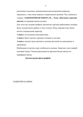 различные отделения, занимающиеся рассмотрением вопросов,
связанных с этим очень важным генеративным органом. Так, запишем в
тетрадь: ЛАБОРАТОРНАЯ РАБОТА №… Тема: «Изучение строения
цветка» на примере цветка калины.
Для этого мы должны выбрать контингент научных работников, которые
будут осуществлять работу в этих отделах. Итак, каждый отдел будет
носить специальный характер:
1 отдел: по изучению околоцветника.
2 отдел: будет изучать строение тычинок и пестика.
3 отдел: изучает виды цветков и деление растений на однодомные и
двудомные.
Необходимо отметить одну особенность калины. Зацветает она в первой
половине июня. Сначала распускаются крупные белые цветки по
периферии щитка.
(Демонстрация фотографий)
СОЦВЕТИЯ КАЛИНЫ:
79
 