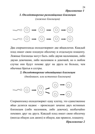 24
Приложение 1
1. Оплодотворение разнояйцовых близнецов
(ложных близнецов)
Два сперматозоида оплодотворяют две яйцеклетки. Каждый
плод имеет свою плодную оболочку и отдельную плаценту.
Ложные близнецы могут быть либо двумя мальчиками, либо
двумя девочками, либо мальчиком и девочкой, но в любом
случае они будут похоже друг на друга не больше, чем
обычные братья и сестры.
2. Оплодотворение однояйцовых близнецов
(двойняшек, или истинных близнецов)
Сперматозоид оплодотворяет одну клетку, это единственное
яйцо делится надвое – происходит зачатие двух истинных
близнецов (либо мальчиков, либо девочек), необычайно
похожих друг на друга. Каждый плод имеет свою оболочку
(иногда общую для двоих) и общую, как правило, плаценту.
Приложение 2
 