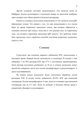 Другой основной системой иммунизации in vitro является метод Д.
Марбрука. Клетки культивируют в маленькой камере на диализной мембране,
через которую идет обмен средой из большого резервуара.
Одним из основных недостатков иммунизации in vitro является доля IgM-
образующих клонов. Это связано с тем, что при иммунизации in vivo клетки
берут во время вторичного иммунного ответа, при котором образуются в
основном антитела IgG класса, тогда как in vitro реакция идет по первичному
типу, для которого характерна продукция IgM антител. Эта проблема может
быть преодолена после отработки способов получения вторичного иммунного
ответа in vitro.
Слияние
Существуют два основных варианта добавления ПЭГ, используемых в
настоящее время. Первый метода заключается в следующем. В течение 1 мин
добавляют 1 мл 50% раствора ПЭГ при 370
С с постоянным перемешиванием.
Затем раствор постепенно разбавляют до 10 мл в течение нескольких минут
средой без сыворотки, после чего клетки центрифугируют и ресуспендируют в
среде культивирования.
Во втором методе используют более длительную обработку клеток
раствором ПЭГ. К осадку клеток добавляется 30-35% ПЭГ при комнатной
температуре. Клетки центрифугируют 2 мин, затем их оставляют при комнатной
температуре еще на 5-7 мин. Затем их разводят в большом объеме среды с
сывороткой, обмывают и культивируют.
9
 